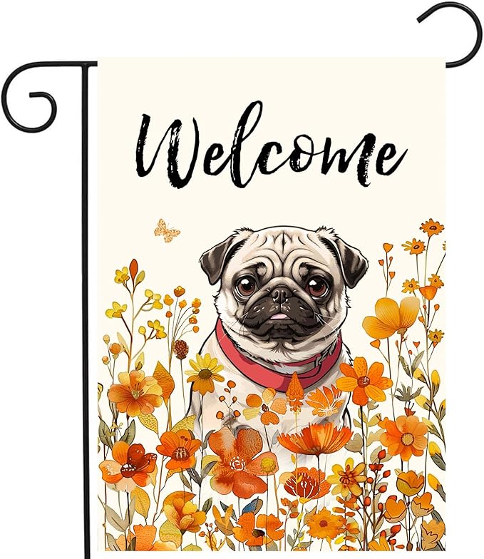 Floral Pug Garden Flag Fall Yard Flag Wildflower Dog Garden Flags Orange Autumn Lawn Flags Welcome Thanksgiving Outdoor Flags for Outside 12x18 Double Sided Small