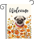Floral Pug Garden Flag Fall Yard Flag Wildflower Dog Garden Flags Orange Autumn Lawn Flags Welcome Thanksgiving Outdoor Flags for Outside 12x18 Double Sided Small