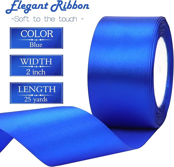 Blue Solid Satin Ribbon 2 Inch 25 Yards Solid Polyester Fabric Ribbon for Gift Wrapping Wedding Christmas Baby Shower Birthday Party Decoration Handmade Immortal Flower Craft
