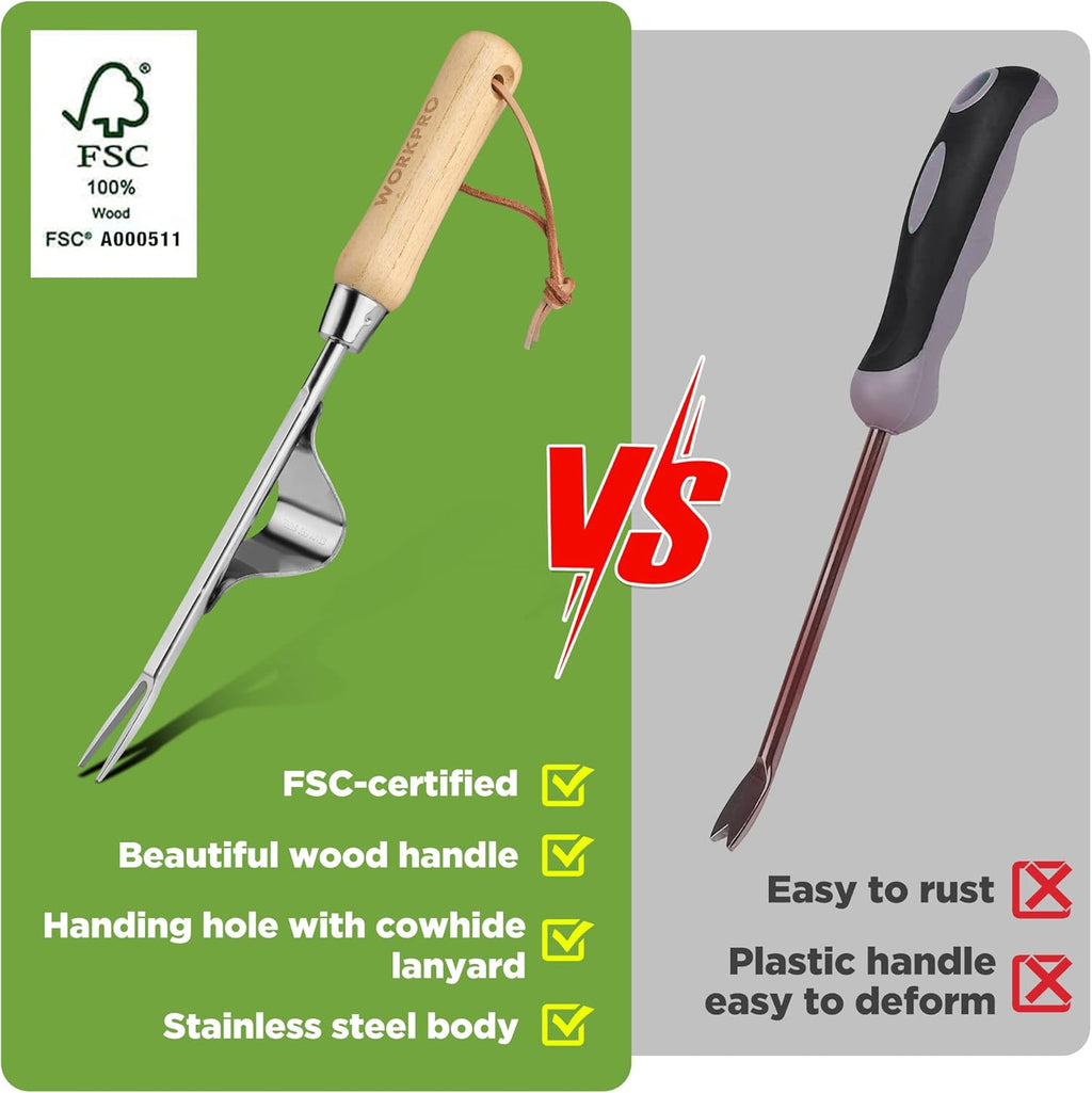 WORKPRO Weed Puller Tool, Metal Leverage Base and V-Shaped Forks for Easy Weed Removal & Deeper Root Digging, Heavy Duty Stainless Steel with Wood Handle, Manual Hand Weeder for Gardening