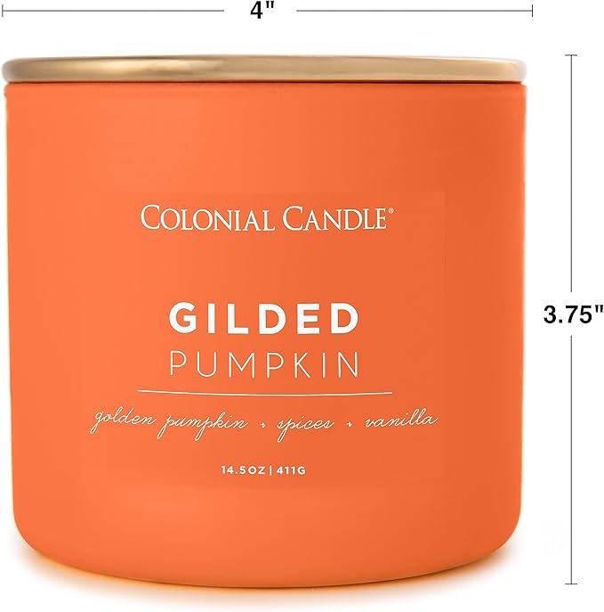 Colonial Candle Gilded Pumpkin Scented Jar Candle, Pop of Color Collection, 3 Wick, Orange, 14.5 oz - Up to 60 Hours Burn