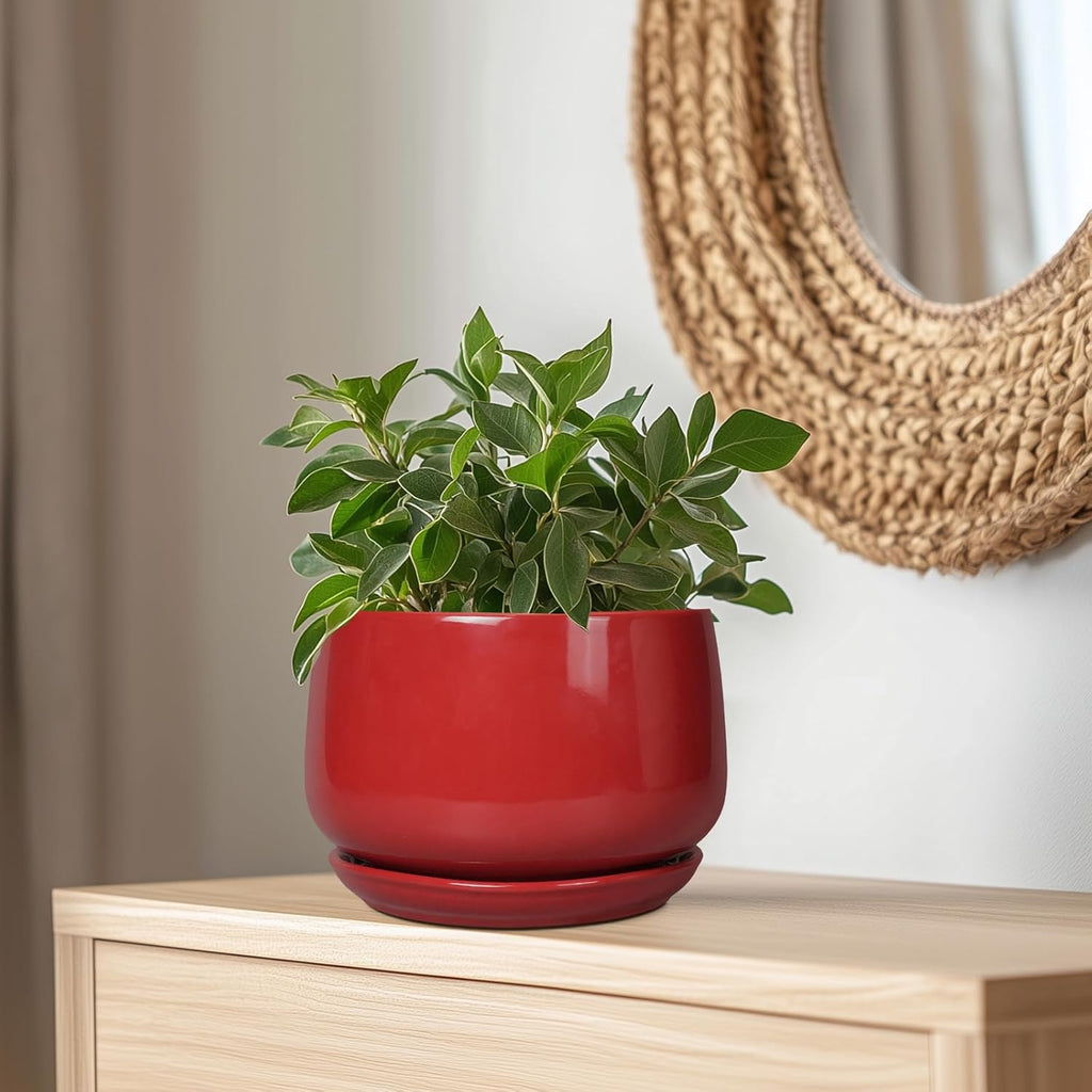 G EPGardening Ceramic Plant Pots - 9 Inch Flower pots for Indoor Outdoor Plant, Round Planter with Drainage and Saucer, Modern Home Decor, Gift for Women Men, Red
