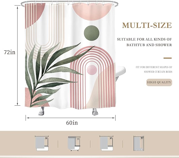 Glawry Pink Green Boho Shower Curtain Abstract Mid Century Tropical Leaves Modern Geometric Minimalist Arch Sun Bathroom Aesthetic 60Wx72L Inches Bath Accessories Art Home Decor Fabric 12 Pack Hooks