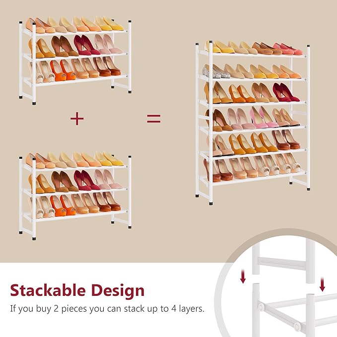 Tajsoon Expandable Shoe Rack for Closet 3 Tier, 28“-41“Adjustable & Stackable Shoe Shelf Storage, Metal Shoe Rack Organizer for Front Door Entrance, Closet, Garage, Entryway, White
