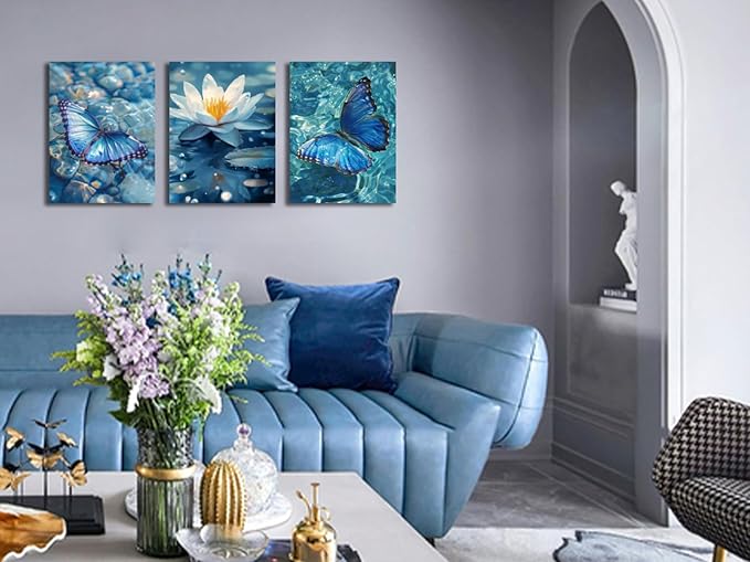 Arjun Blue Abstract Butterfly Canvas Wall Art Water Lily Pond Painting Zen Stones White Lotus Flower Teal Turquoise Pictures Framed for Living Room Bedroom Bathroom Spa Salon Home Office Wall Decor