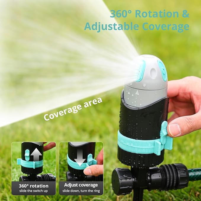 QUOBAS Sprinkler for Yard, 4 Spray Modes, 360° Adjustable Rotation, Heavy Duty Metal Spike with Built-in Filter, Water Diameter up to 50ft for Garden Plant, Flower Bed and Large Yard Area