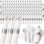 200Guests Pre Rolled Silver Plastic Silverware Sets - Heavy Duty Silver Cutlery - Include 200 Pack Wrapped Disposable Utensils with Napkins for Parties & Dinners & Weddings