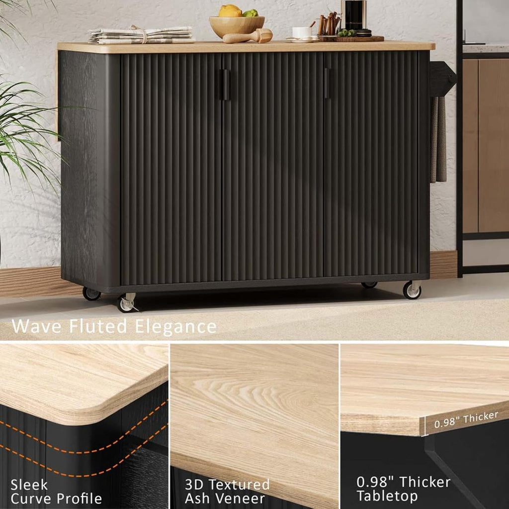 Movable Kitchen Island with Drop Leaf Height-Adjustable Shelves, Black Kitchen Island with Wheels Towel Rack， for Kitchen, Dining Room, Black