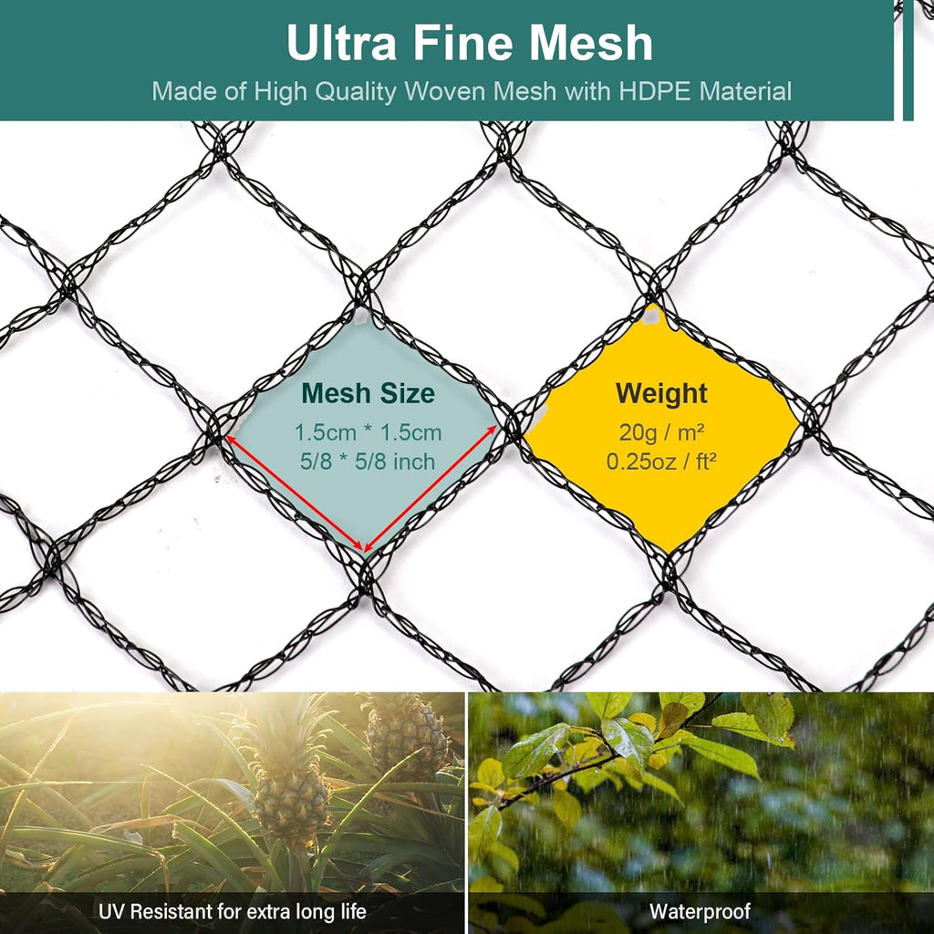 Bird Netting for Garden - 7.5 x 65 FT Heavy Duty Anti Bird Netting Mesh with Ties and Landscape Staples for Vegetable, Fruit Trees & Other Plants, Lasting Against Birds Deer Squirrels and Poultry