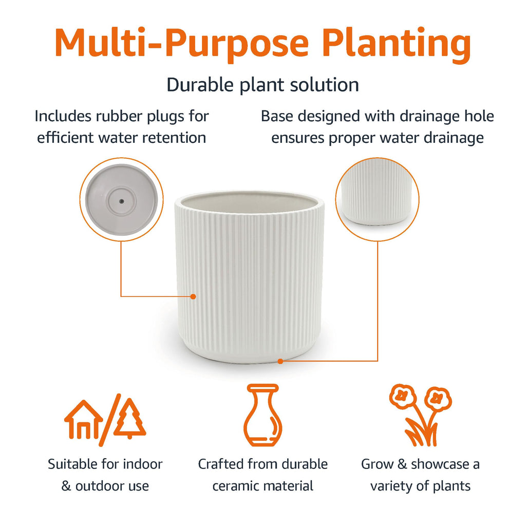 Amazon Basics Fluted Ceramic Planter Pot for Indoor Outdoor Plants, Round Flower Pot with Drainage Hole, 10-inch, White