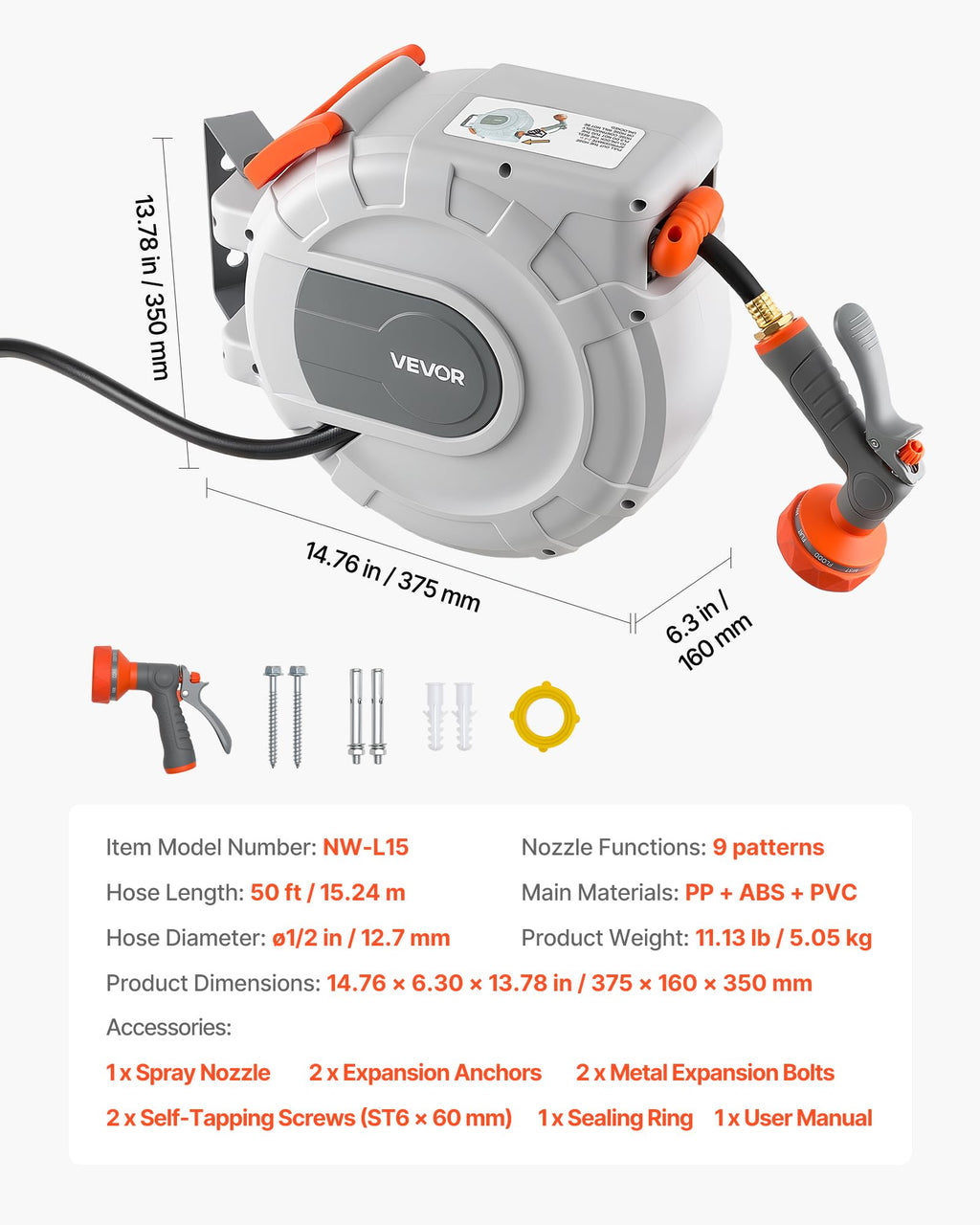 VEVOR Retractable Garden Hose Reel, 1/2 in x 50 ft, Wall Mounted Hose Reel with 9-Function Sprayer Nozzle and 180° Swivel Bracket, Any Length Lock, Automatic Slow Rewind System, for Garden Watering