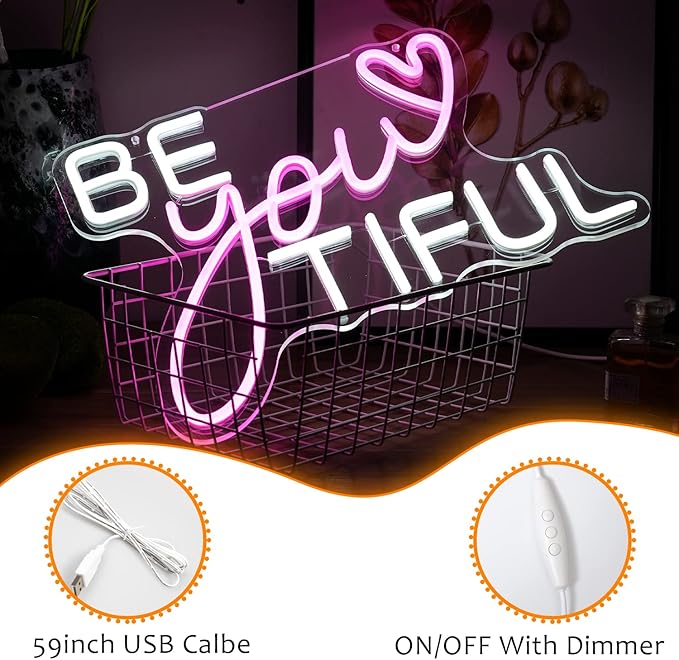 Be Your Tiful Neon Sign Dimmable Letter Neon Signs White Pink Wall Decorative Lights Powered USB with Switch for Bedroom Kid Room Shop Apartment Birthday Party Wedding （15.7’’X11.8’’）