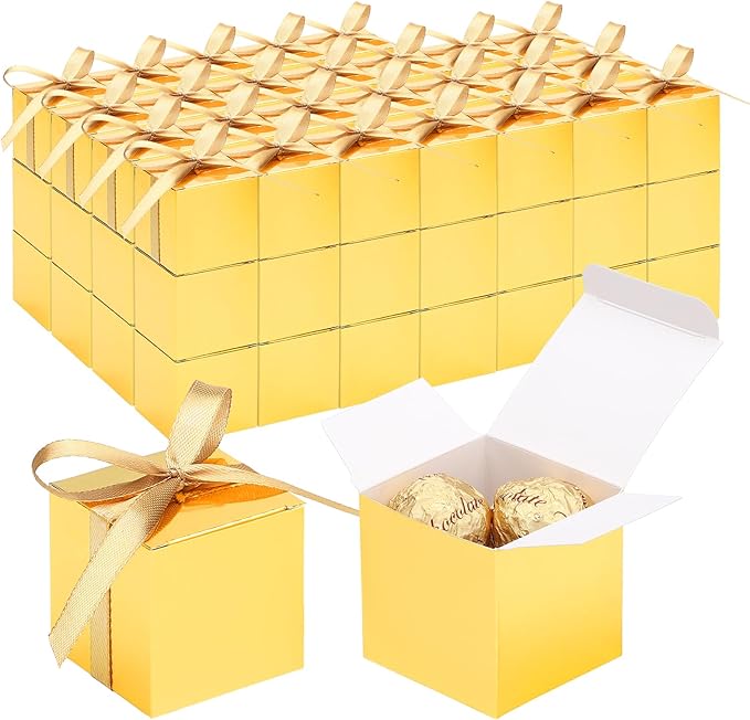 EUSOAR Small Gift Boxes with Lids, 120pcs 2x2x2 Inches Gold Party Favor Box Soap Packaging with Ribbon, Cube Candy Box Mini Muffins Bags Macaron Container for Birthday Advent Calendar DIY Supplies