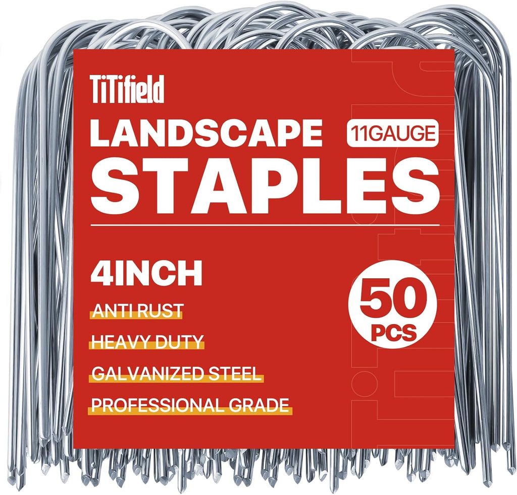 U Shape Garden Stakes 50 Packs 4 Inch 11 Gauge Irrigation Tubing Stakes, Heavy Duty Galvanized Landscape Staples for Tube, Lawns, Landscape Fabrics,Irrigation Hose and Weed Barriers