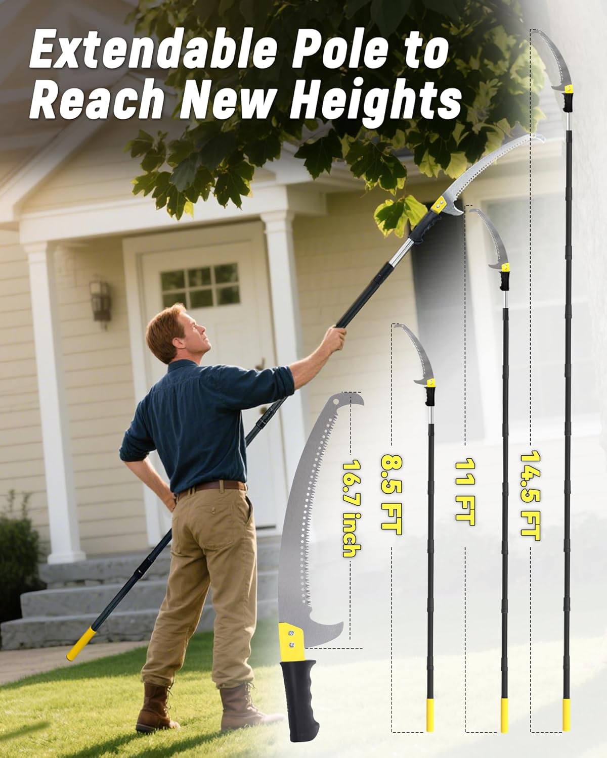 11FT Pole Saw with Adjustable Length for Tree Trimming, Lightweight Manual Pruning Saw with Mn Steel Blade, Long Extension Branch Cutter Pole Pruner for Yard, Garden, Patio and Forestry Use