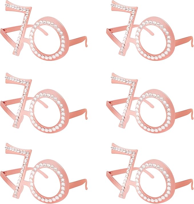 70th Birthday Glasses - 6 Pairs Rose Gold 70 Years Old Glasses with Rhinestones Frame, Funny Plastic Costume Photo Booth Props for 70th Anniversary Party Decorations