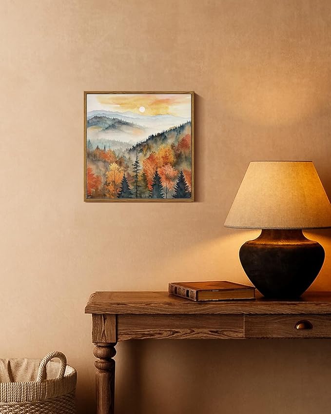 InSimSea Square Framed Canvas Wall Art, Nature Scenery Decor Farmhouse Quiet Forest Awakening Wall Art Prints, Autumn Fall Classical Retro Living Room Bedroom Office Home Decor 12"x12"