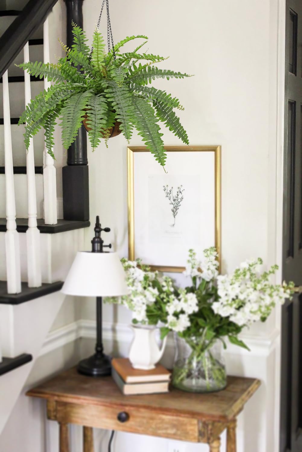 Fake Hanging Plants Large Boston Fern Artificial Plants Outdoor Realistic Fake Ferns with Palm Basket Silk Plants Ferns Hanging Plant Artificial Decor for Home Front Porch Window Garden - Dusty Green