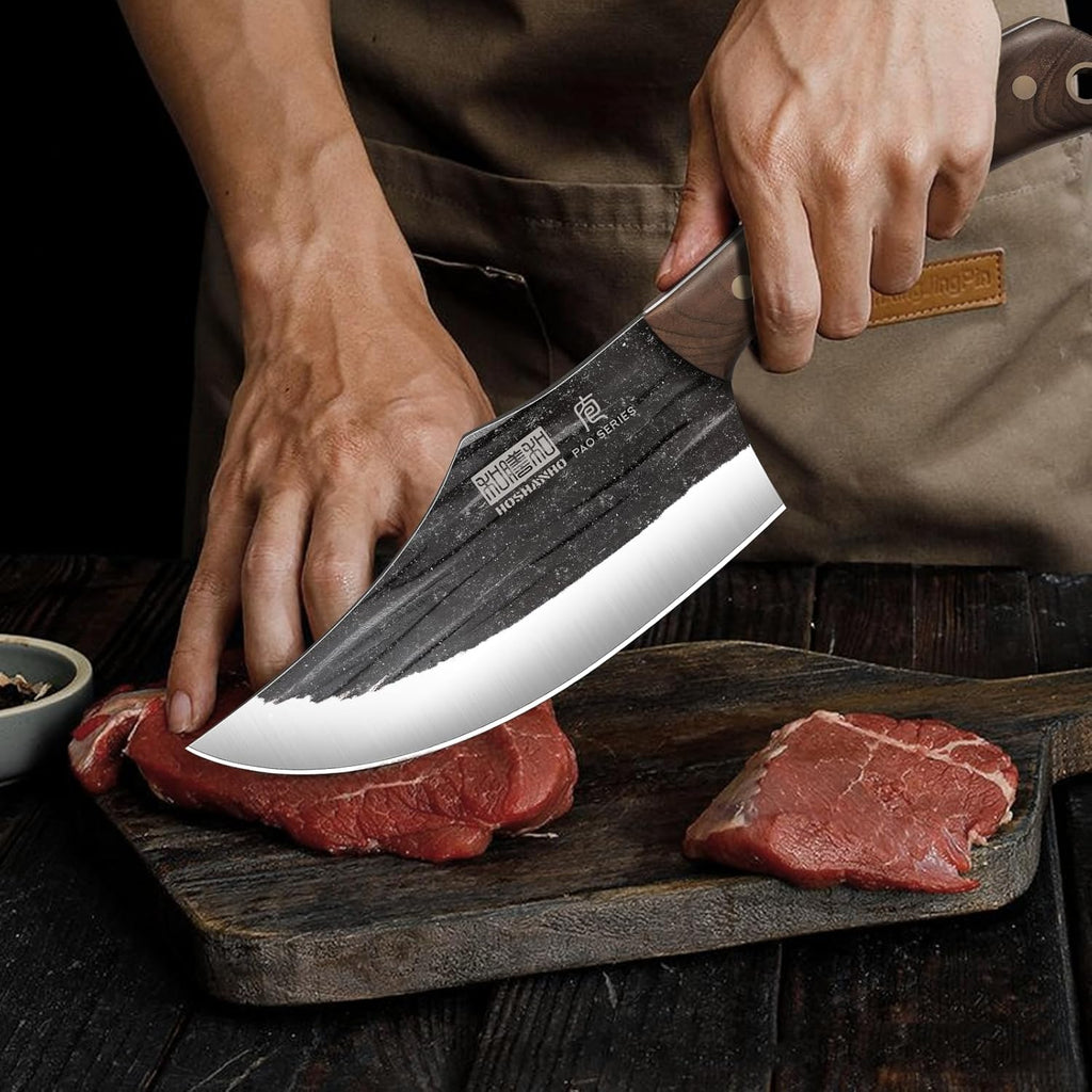 HOSHANHO Butcher Knife Set, Hand Forged Butcher Chef Knife Set with Roll Bag, Sharp Meat Cleaver Knife & Bone Chopper Knives & Fillet Knives for Home & Camping & BBQ Gift for Men