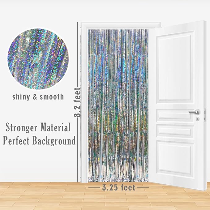 GOER 3.2 ft x 8.2 ft Metallic Tinsel Foil Fringe Curtains Party Photo Backdrop Party Streamers for Birthday,Graduation,New Year Eve Decorations Wedding Decor (3 Pcs, Shiny Silver)