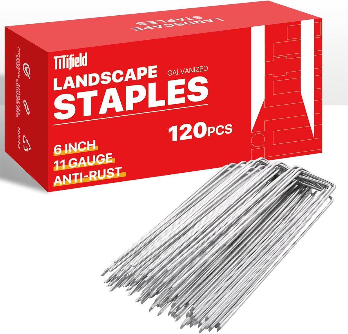 Landscape Staples 6 Inch 120 Pack 11 Gauge Galvanized Landscaping Fabric Pins Anti-Rust SOD Staples Ground Stakes for Securing Rrigation Tubing, Fence, Weed Barrier, Ground Cover