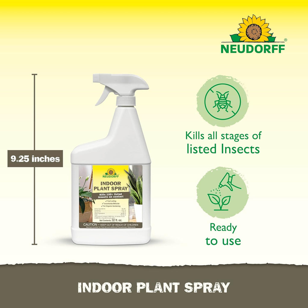 Neudorff Indoor Plant Spray for House Plants & Greenhouse, Kills Spider Mites, and Scale and 100+ Listed Insects on Contact for Organic Gardening, Contact Insecticide, Ovicide (32 oz)