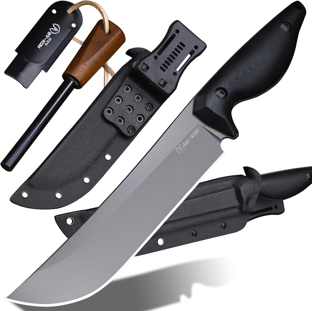 BA-KOR 5MM (9CR18MOV) steel 12.8'' full tang camping knife +K sheathing &5.9" cerium igniter can be used outdoors for outdoor hunting, camping, obstacle clearing, wood chopping, BBQ, fishing, kitchen cutting, EDC tools, gifts