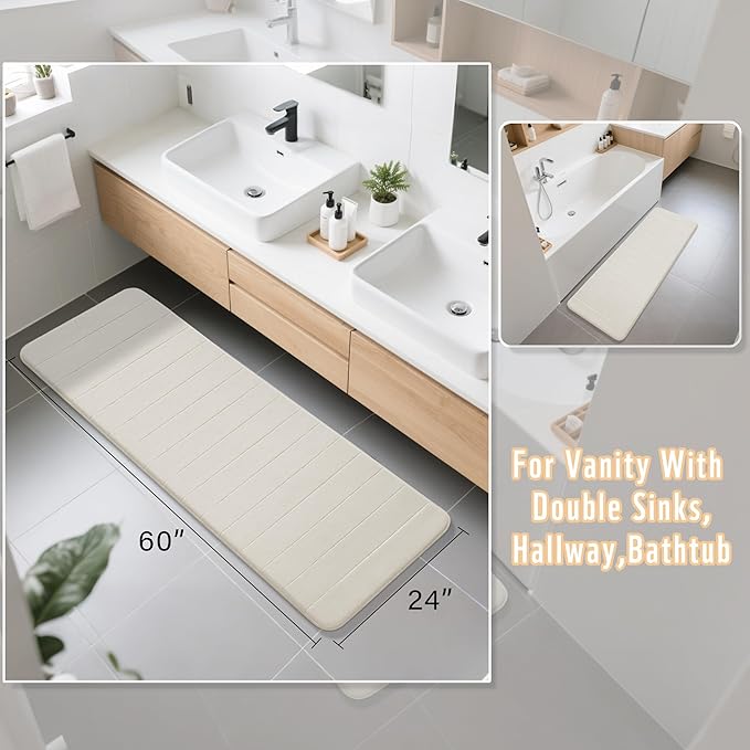 Yimobra Bathroom Runner 60"x24", Non Slip Memory Foam Bath Mat, Super Soft Water Absorbent Hallway Carpet, Machine Washable Rug for Vanity Tub Shower, Cream