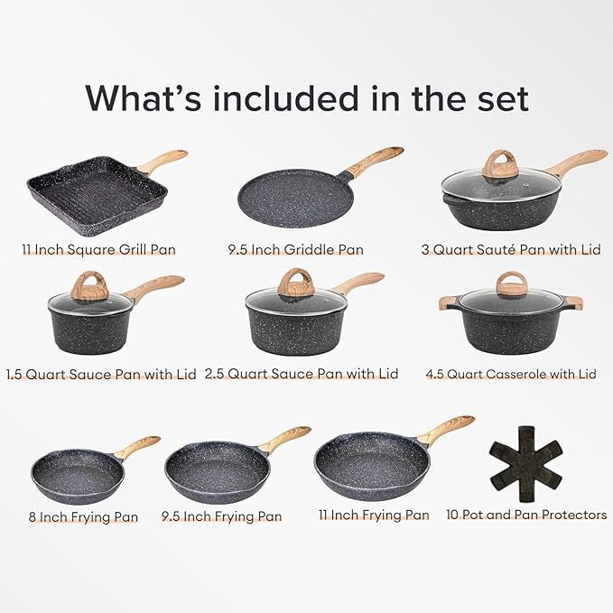 JEETEE Pots and Pans Set Non Stick 23pcs, Healthy Kitchen Cookware Sets, Induction Cooking Set W/Gray Frying Pans, Saucepans, Sauté & Griddle & Crepe Pan (PFOA, PFAS, PFOS Free)