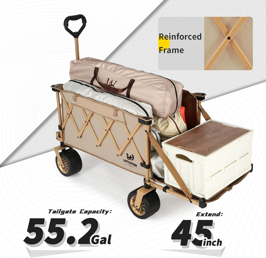 Whitsunday Collapsible Folding Wagon with Table,Heavy Duty Utility Beach Wagons with Opened Tailgate and All-Terrain Wheels for Camping,Garden,Sports Khaki