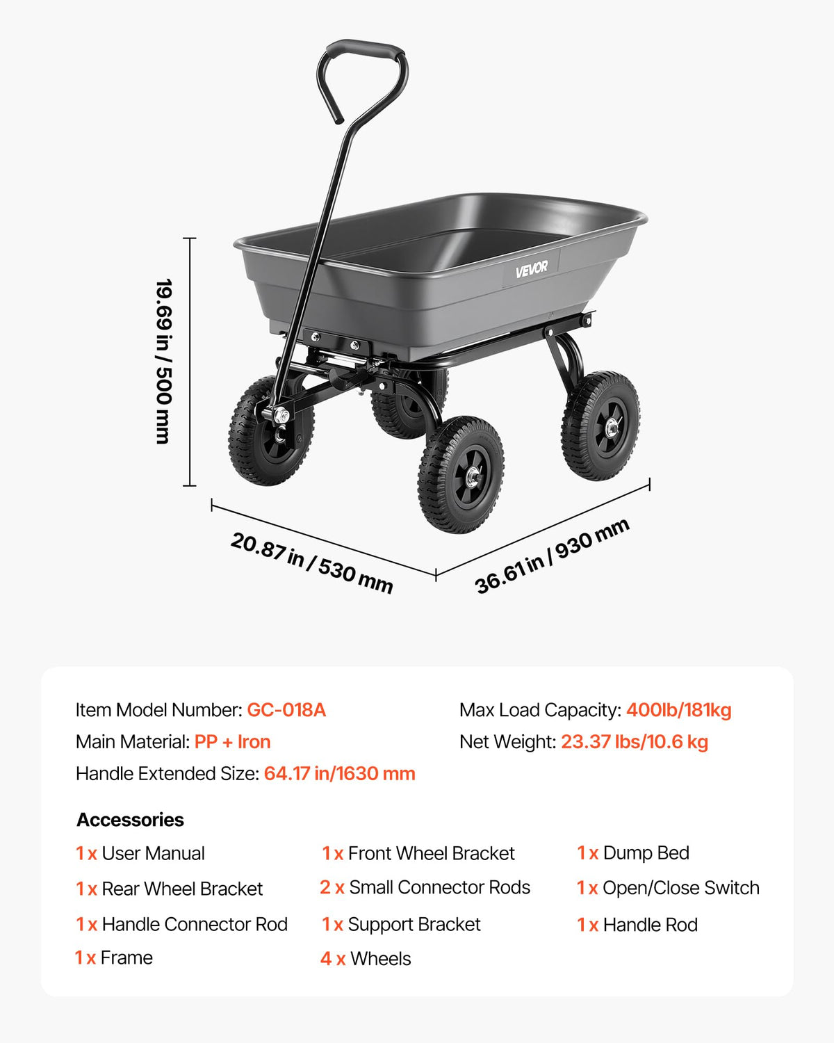 VEVOR 400LBS Wheelbarrow, Poly Garden Dump Cart Wagon with 8" Flat Free Tires, Heavy Duty Wheel Barrow Yard Cart Dump Wagon with Quick-Release System