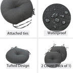 Bistro Chair Cushions 15 inch,Set of 2,Tufted Round Chair Cushions with Ties,15"x15"x4",Water Resistant Round Seat Cushion for Barstool Chairs,Patio Garden Kitchen Outdoor Furniture(Charcoal Gray)