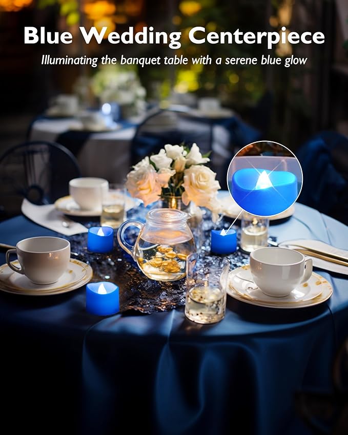Homemory Blue Tea Lights Candles Battery Operated, 200+Hour Flameless Flickering Fake Electric LED Colored Tealights Candles for Wedding Table Decor, Theme Party, Aniversary, Proposal, 24-Pack
