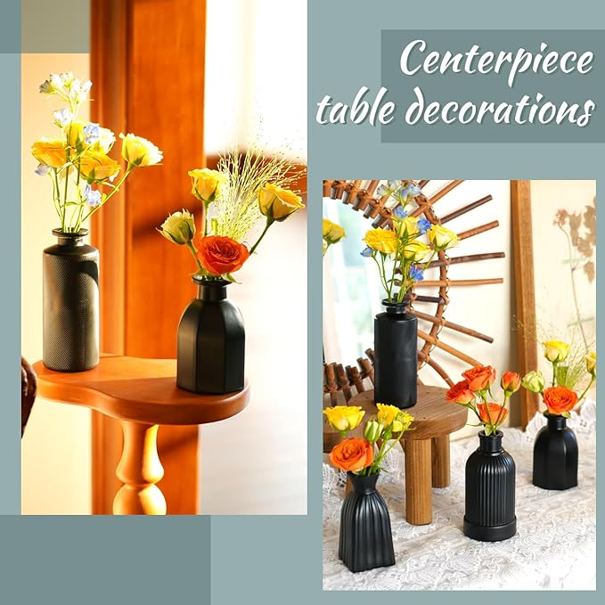 Black Vase, Bud Vases Set of 12, Small Glass Vase for Decor Centerpieces, Matte Ribbed Modern Vintage Flower Vases for Wedding Party Table Decoration Home Decor in Bulk