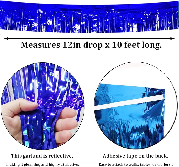 4 Pack Royal Blue Total 40 Feet Foil Fringe Garland Metallic Tinsel Banner Wall Hanging Drapes Parade Float Skirting Decorations for Trailer Mardi Gras Party Birthday Wedding Baby Shower