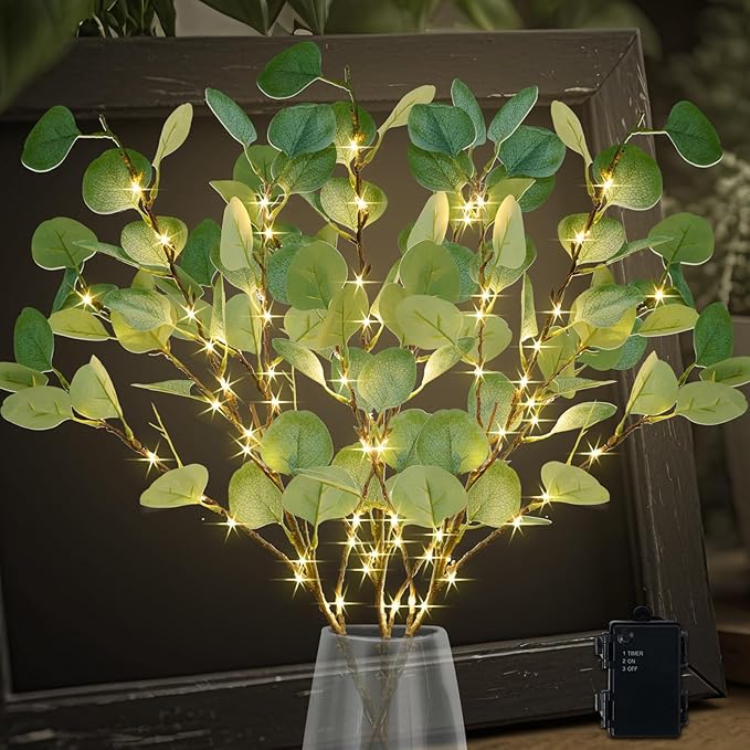 Lighted Artificial Eucalyptus Branches with Timer, Light Up Eucalyptus Branches 33in 99 Led, Battery Powered Vase Lights, Greenery Plant for Home Christmas Party Wedding Decor Indoor Outdoor