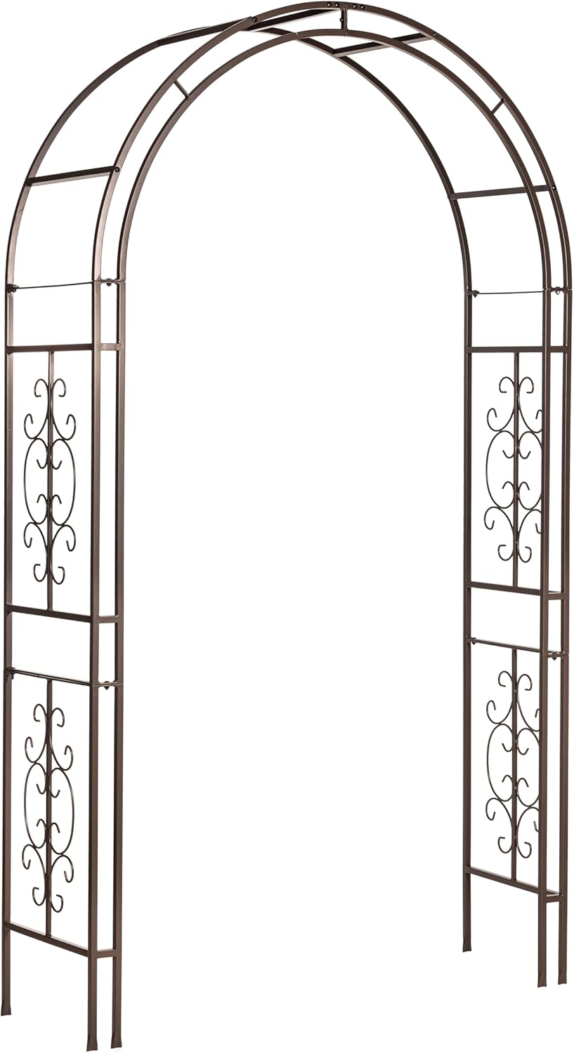 Evergreen Plow & Hearth Montebello-Gunmetal Garden Arbor - 7 Feet Tall | Slim Metal Arch with Iron Trellis for Climbing Plants | Elegant Wedding Arbor | Outdoor Patio & Garden Decor