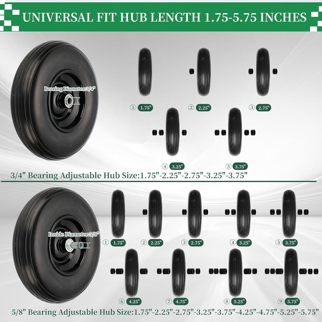 RRQ 4.00-6 Flat Free Tire and Wheel, 13" Solid Wheelbarrow Tire with 1.75" Centered Hub and 3/4" Bearings(Come with 5/8" ID Iron Tube Adapter), for Garden Cart, Trolley, Wheelbarrow Wheel Replacement