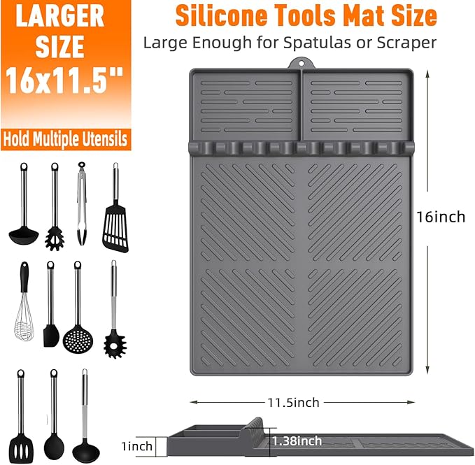 Silicone Grill Mat Compatible with Blackstone, Silicone Griddle Tools Mat with Drip Pad, Spatula Mat for Outdoor Grill Kitchen Counter (Grey)