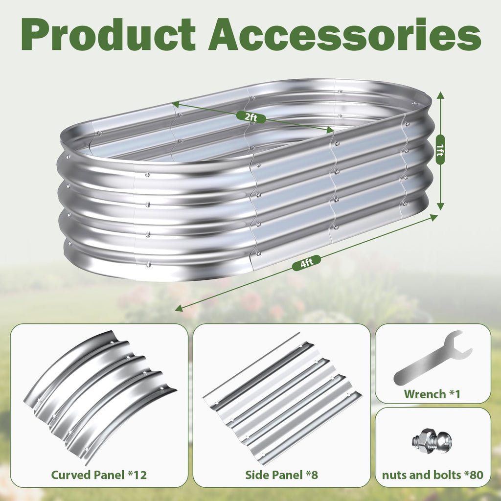 Tegarbed Galvanized Raised Garden Bed Outdoor, 4x2x1ft(2Pack) Metal Heavy Duty Planter Boxes for Gardening, Easy Assemble Bottomless Small Oval Plant Container Kit for Vegetable, Flower, Fruit, Silver