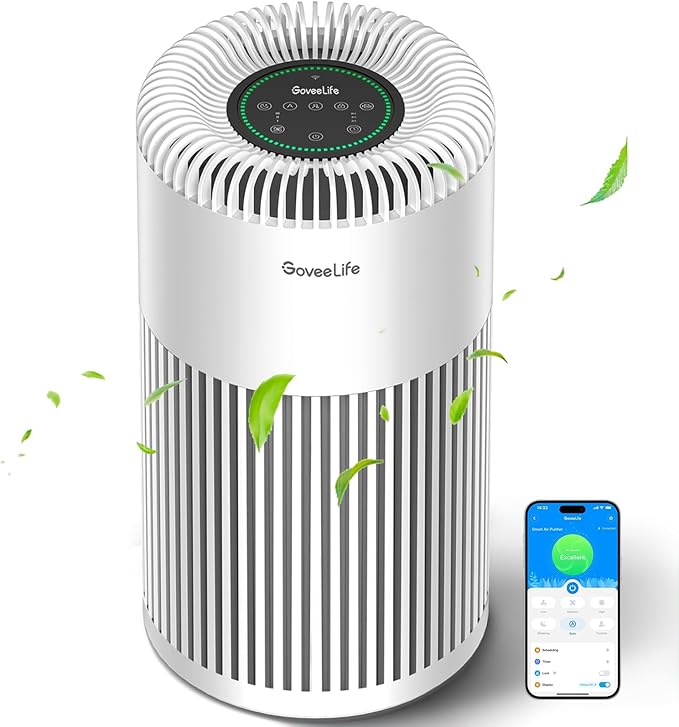 GoveeLife Smart Air Purifier for Home Large Room Up to 1524 sq.ft.with Washable Filter, Integrated PM 2.5 Air Quality Sensor,WiFi, Air Purifier for Smoke, Wildfire, Pet Hair,24dB, White