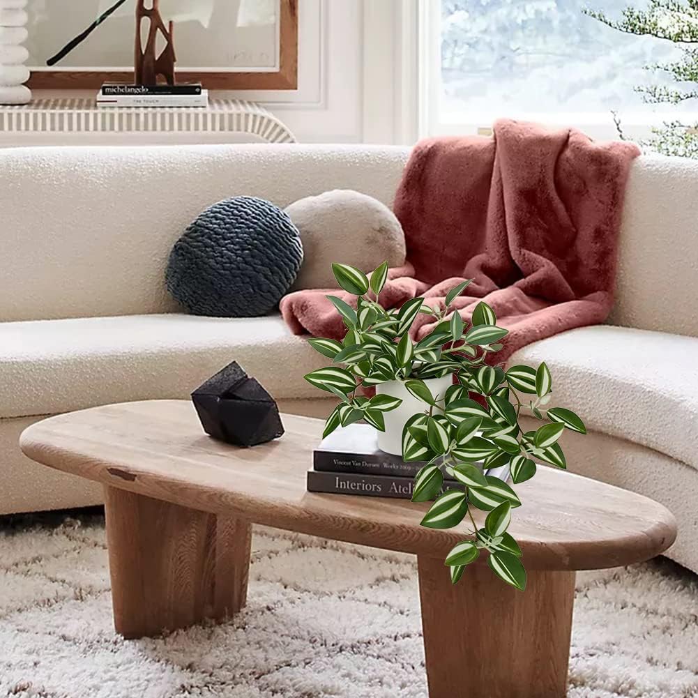 Fake Hanging Plants, 20 Inch Artificial Ivy Plant in Ceramic Pot Faux Vine Potted for Home Bedroom Office Table Shef Desk Indoor Outdoor Decor (Green/White)