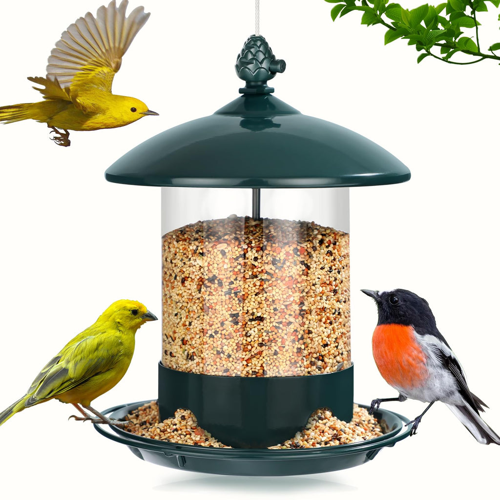 Gbekery Metal Bird Feeders for Outdoors Hanging, Weather Resistant Wild Bird Feeder with 360 Degree Feeding Tray, Green