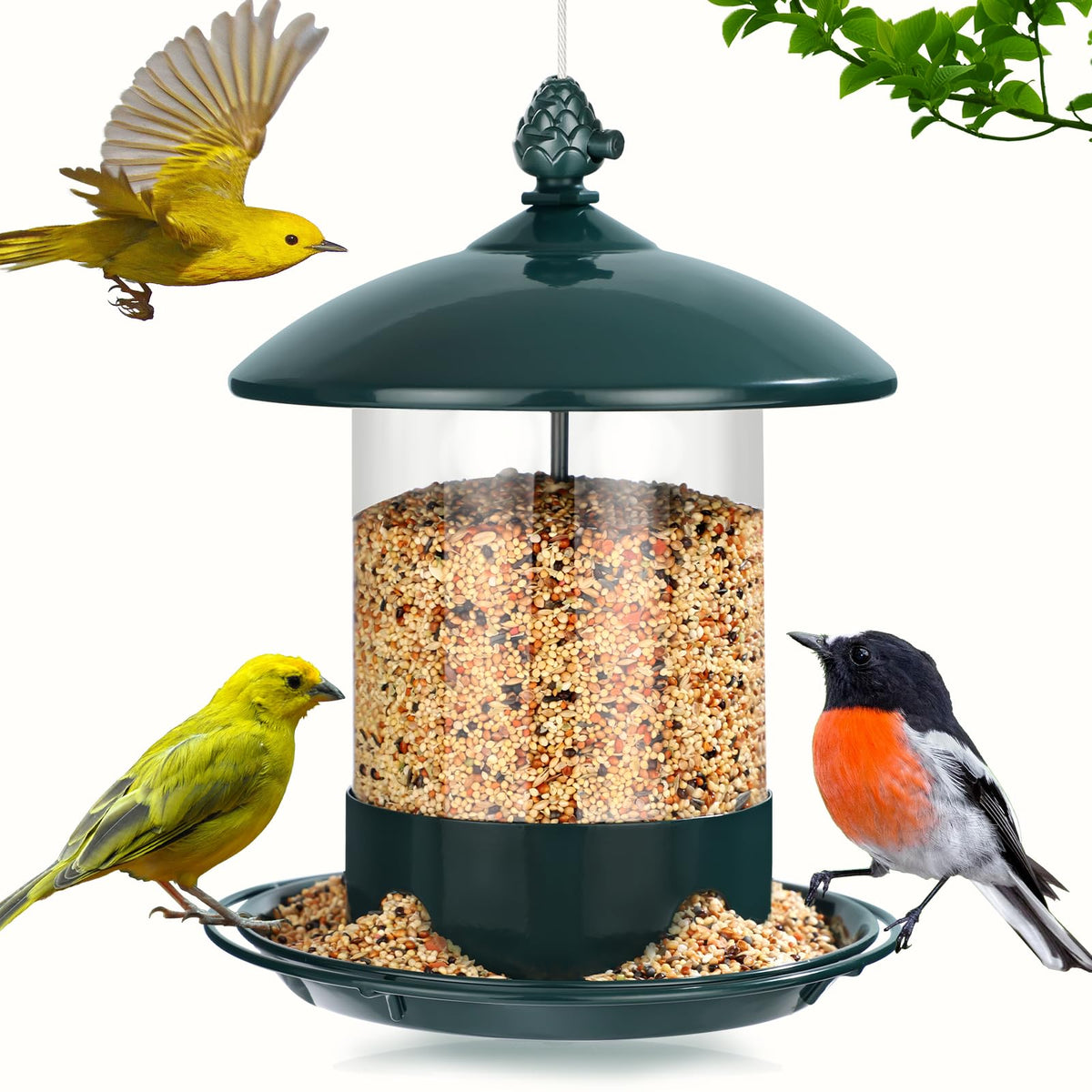 Gbekery Metal Bird Feeders for Outdoors Hanging, Weather Resistant Wild Bird Feeder with 360 Degree Feeding Tray, Green