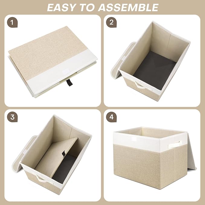 Large 17" 42 Quarts Collapsible Stackable Storage Bins with Lids [3-Pack] Foldable Fabric Linen Storage Boxes Cube, Closet Organizer Baskets with Label (16.7 x 12 x 12", Beige & White)