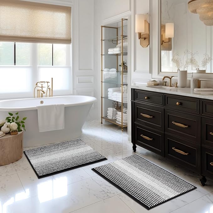BSICPRO Bathroom Rugs and Mats Sets, 2 Piece Thick Absorbent Chenille Bath Mat Set Non Slip, Soft Shaggy Bath Room Floor Mats , Machine Washable (20" x 32" Plus 16" x 24", Black)