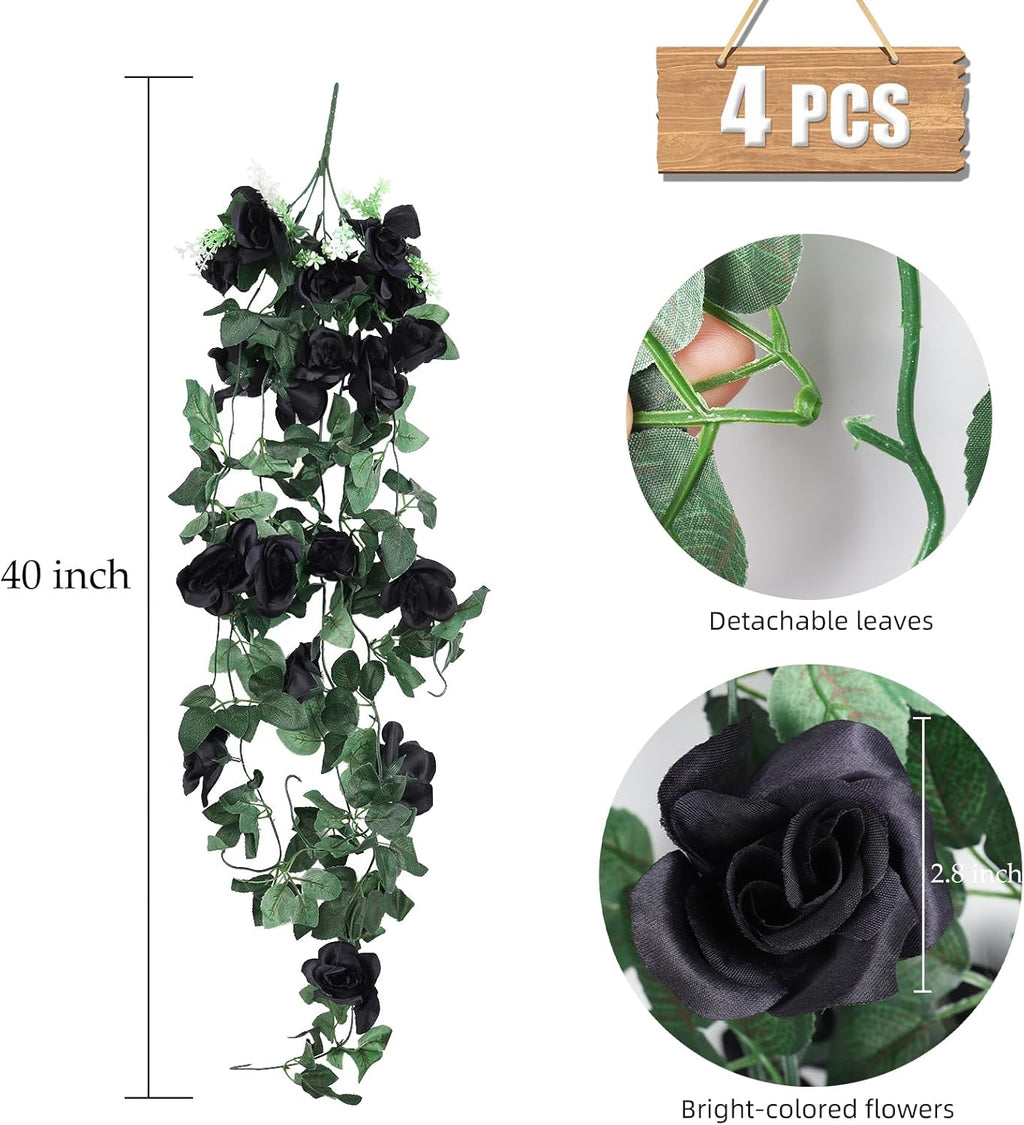RECUTMS Artificial Hanging Rose Flower 4Pieces 3.3Ft Flowers for Outdoors with 30 LED Fairy String Lights Fake Indoor Wall Wedding (Black)