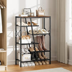 Shoe Rack, 6-Tier Boot Rack, Wooden Storage Organizer for Tall Boots, Sneakers, Metal Shoe Rack Organizer with Metal Mesh Shelves, 10-12 Pairs of Shoes for Closet, Entryway, Rustic Brown