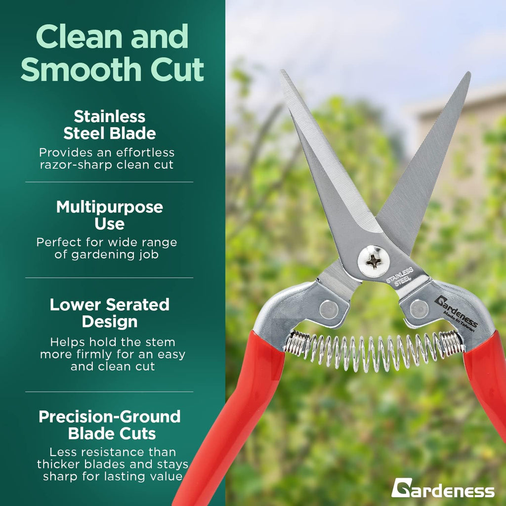 Gardeness Pruning Shear Straight Pruning Snip 2PCS Stainless Steel Florist Scissors, Multi-Tasking Precision Hand Pruner Herb Snips Flower Clippers Bonsai Trimmers Ergonomic Handle Garden shear