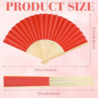 6 Pieces Red Hand Held Bamboo Folding Fans Foldable Paper Fans Handheld for Women Girls Wedding DIY Decoration Church Home Party Favors Summer